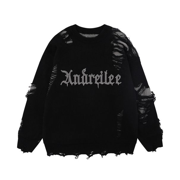 Men's Vintage Letter Graphic Sweater Raw Edge Loose Fit Round Neck Knit Pullover Unisex Couple Style Black Grey Apricot Pink_viptrois.com