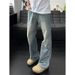 American High Street Vibe High-waisted For Men, Spring Vintage Blue Curved Cut Jeans, Washed Straight-leg Flared Pants_viptrois.com