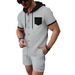 Men's Clothing New Waffle Men's Hooded Color Matching Short Sleeved Cardigan Casual Jacket Shorts Suit_viptrois.com