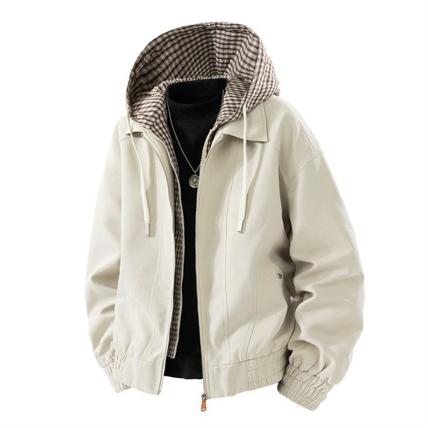 Men's Clothing Retro Plaid Fake Two Piece Splicing Hoodie Workwear Jacket Men's 2025 New High Street Design Hooded Jacket_viptrois.com