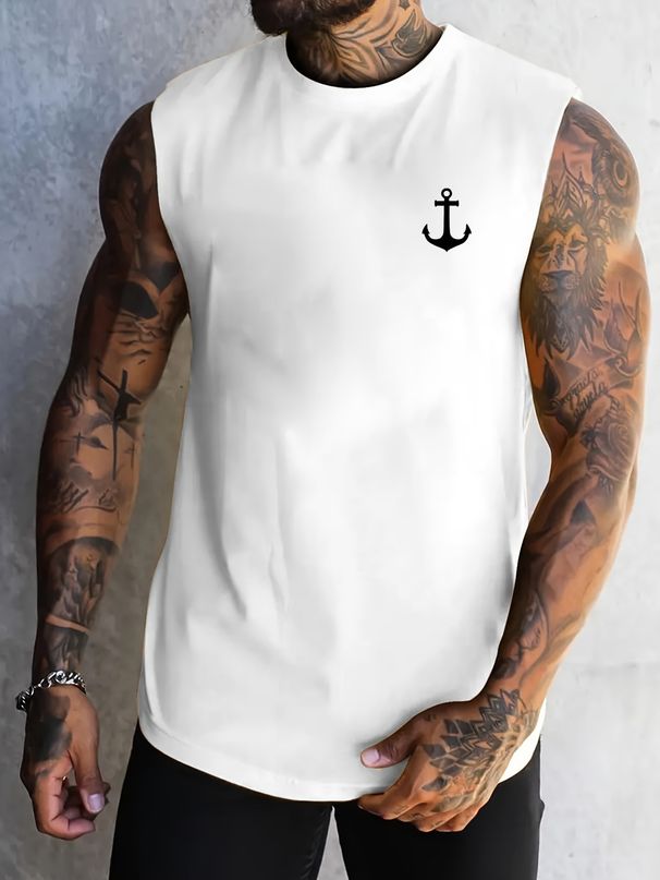 100% Pure Cotton Men's Summer Leisure Sports Fitness Loose Boat Anchor Pattern Printed Breathable Round Neck Sleeveless Vest_viptrois.com