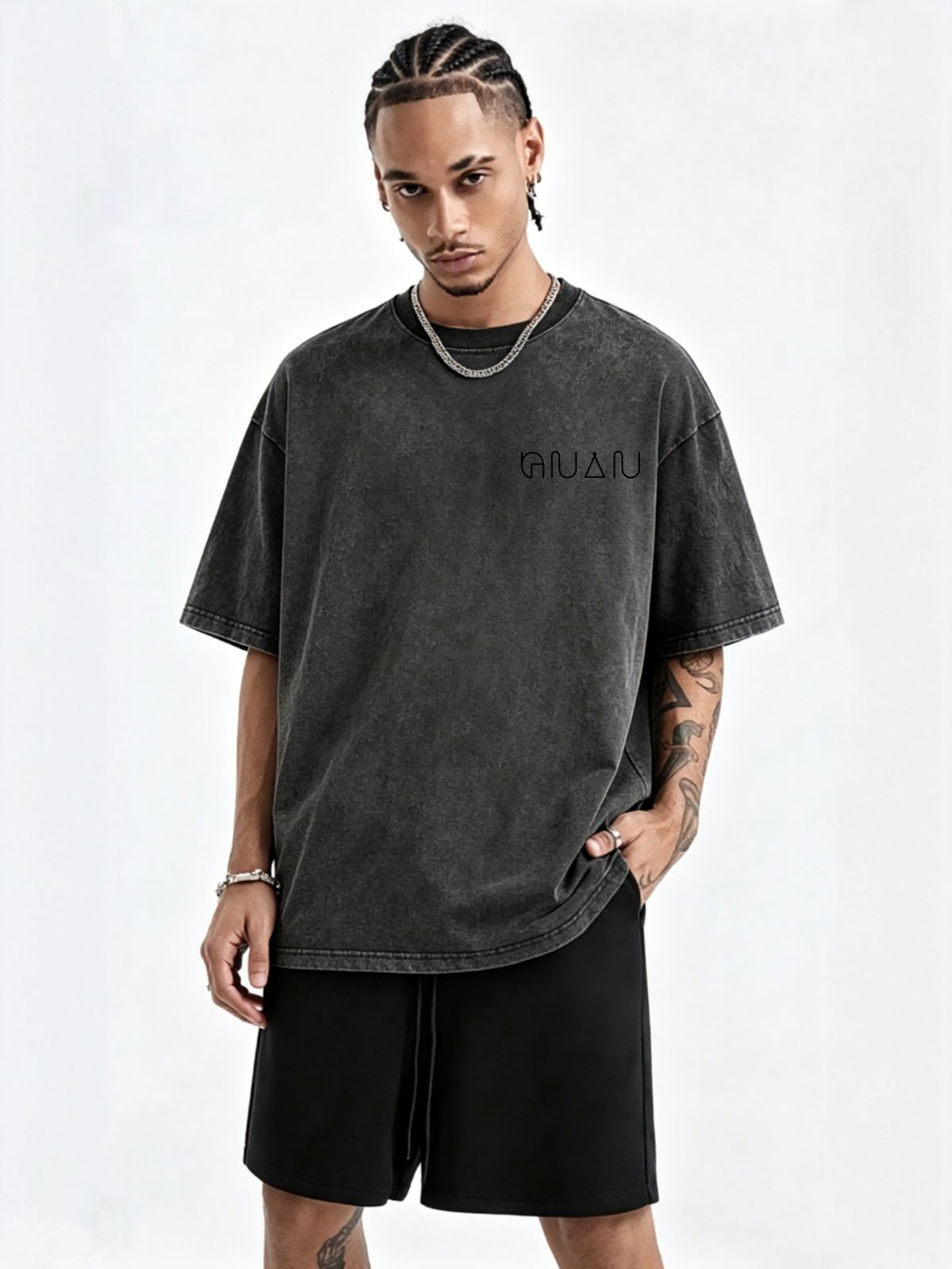 230g Washed Men Crew Neck Tee Minimal Curved Triangle GUAU Line Font Print Short Sleeve Casual Streetwear Summer Top_viptrois.com