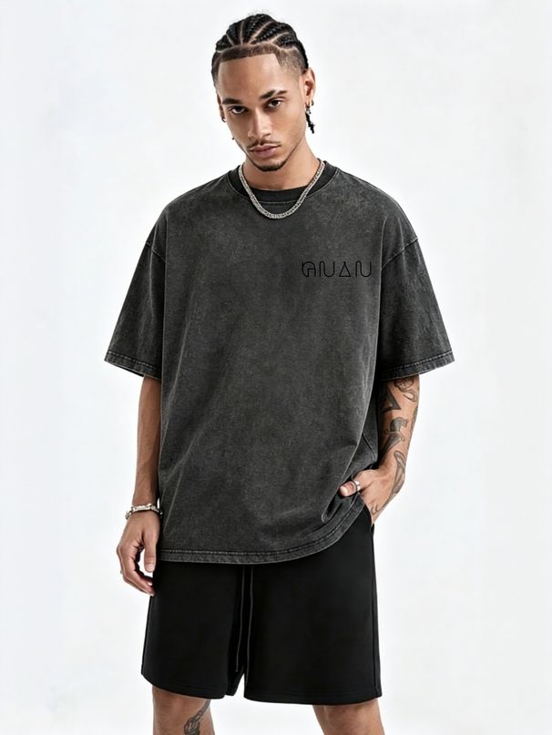 230g Washed Men Crew Neck Tee Minimal Curved Triangle GUAU Line Font Print Short Sleeve Casual Streetwear Summer Top_viptrois.com