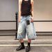 Vintage Washed Denim Shorts Retro Streetwear Summer Cuffed Wide-Leg Capris for Men And Women Distressed_viptrois.com