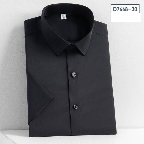 Men's Stretch & Wrinkle-Free Short Sleeve Dress Shirt – Lightweight, Silk-Like Finish For Business Casual & Photography (Navy, White, Black & More)_viptrois.com