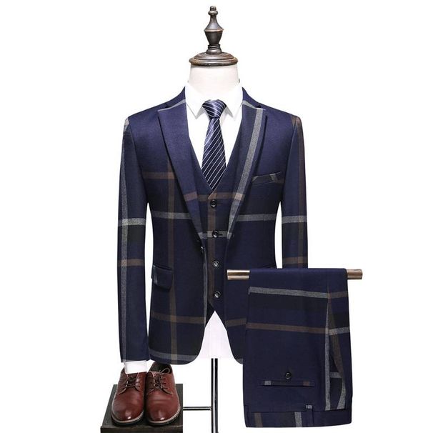 European And American Men's Casual Business Checkered Professional Suit, Groom And Best Man Wedding Banquet Three-piece Suit + Waistcoat + Trousers_viptrois.com