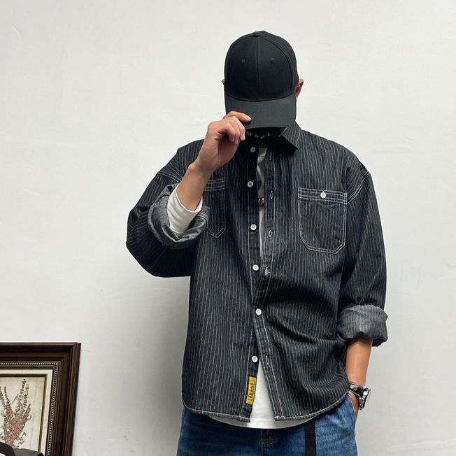 Men's Clothing Plus Size Casual Loose Drop Shoulder Striped Denim Long Sleeve Shirt Spring And Autumn Men's Thick Shirt Large Size Jacket_viptrois.com