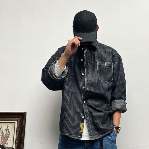 Men's Clothing Plus Size Casual Loose Drop Shoulder Striped Denim Long Sleeve Shirt Spring And Autumn Men's Thick Shirt Large Size Jacket_viptrois.com