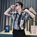 Striped Ice Silk Flower Short-sleeved Men's High-end And Cool, Half-sleeved Men's Summer Thin Five-quarter Sleeved Shirt Coat_viptrois.com