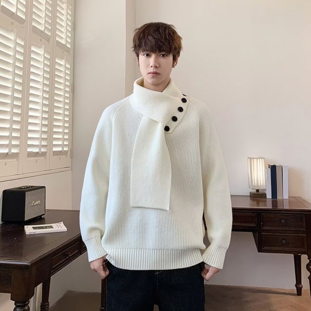 Detachable Scarf Sweater Men's Autumn And Winter New Warm Loose Knit Sweater Top_viptrois.com