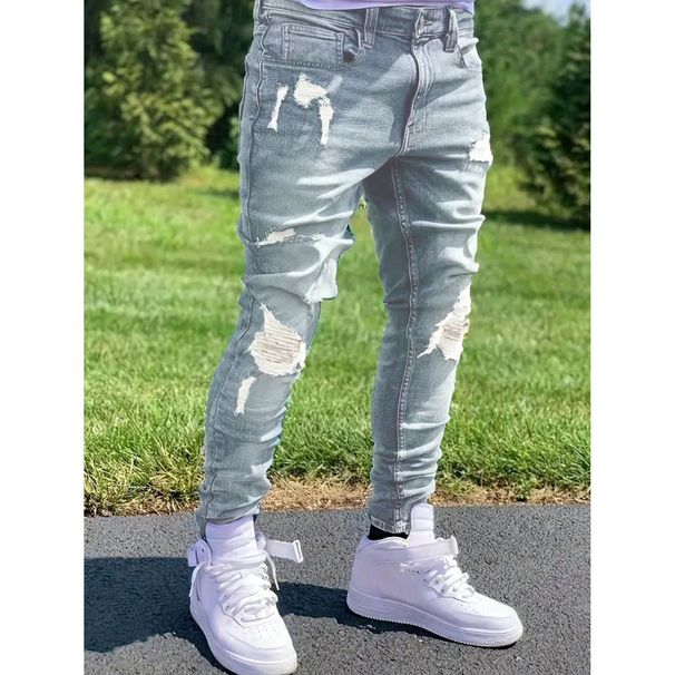 Men's Clothing Men's Slim Fit Skinny Jeans High Street Motorcycle Style Ripped And Patched Style Slimming Leg Pants_viptrois.com