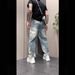 "Men's Distressed Straight Leg Jeans – Vintage Washed Blue Denim With Ripped Details, Trendy Instagram Style (Sizes M-XXXL)"_viptrois.com