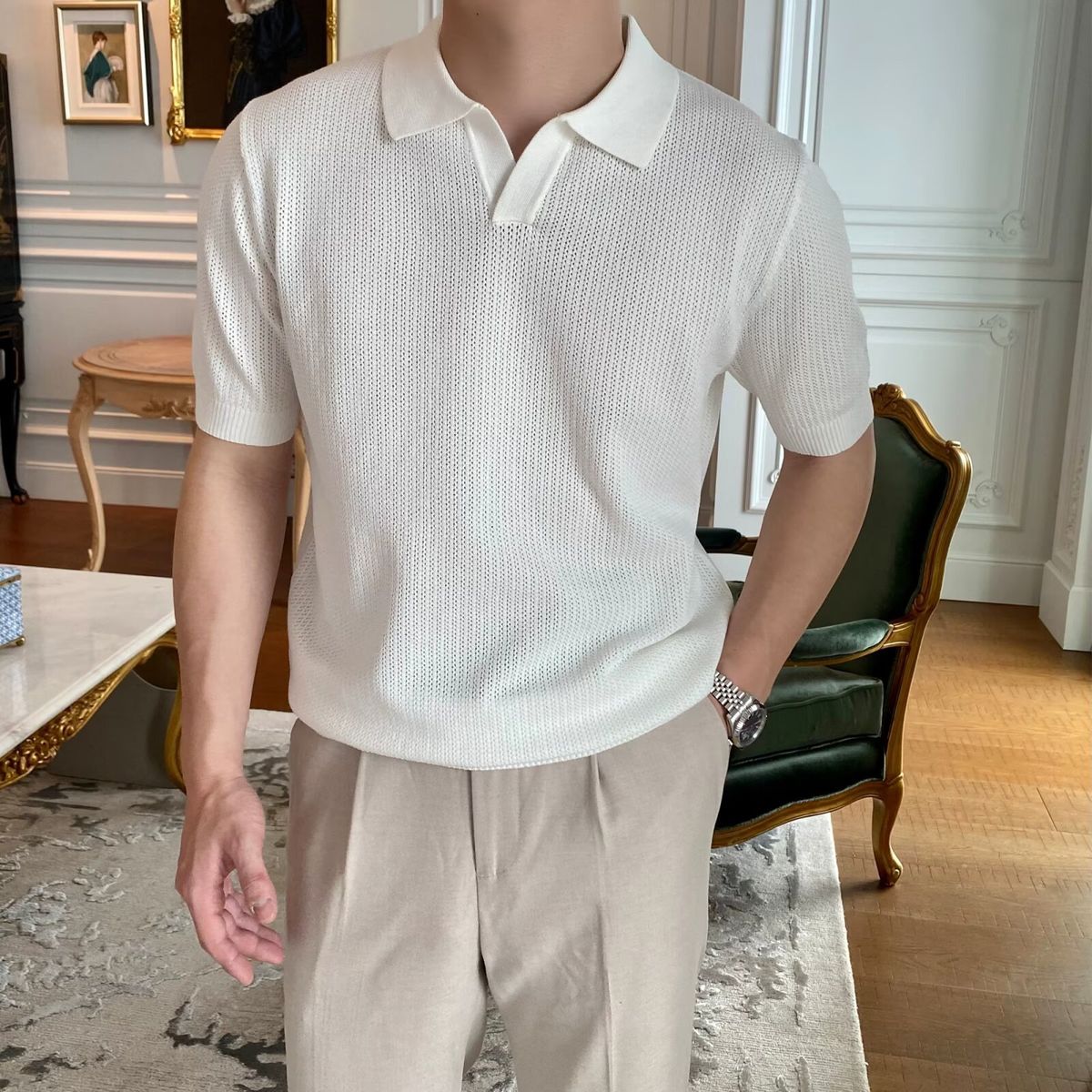 Men's Clothing Short Sleeved Shirt Hollow Breathable Knit Sweater Small Lapel V Neck Short Sleeved_viptrois.com