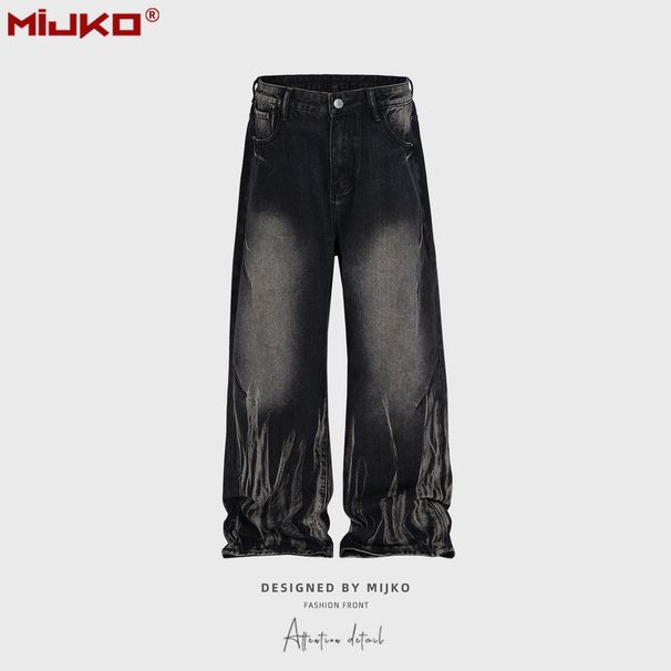 Man's clothing Men's and women's wash water to do old pants men's and women's laser texture white straight leg high street style jeans_viptrois.com