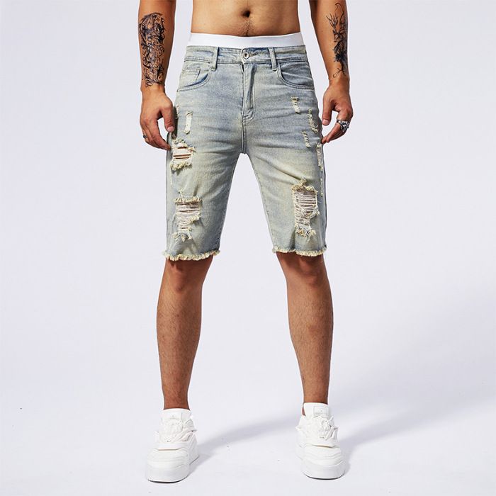 Men's Clothing Fashion Brand Ripped Denim Shorts Men Summer Thin Personalized Patch Five Point Pants_viptrois.com