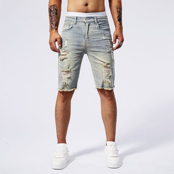 Men's Clothing Fashion Brand Ripped Denim Shorts Men Summer Thin Personalized Patch Five Point Pants_viptrois.com