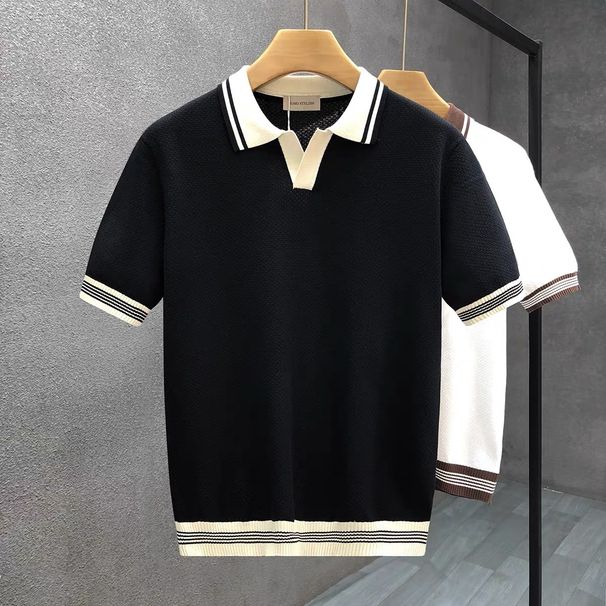 Men's Clothing Summer New Short Sleeved Contrast Color V Neck T Shirt Lapel Slim Fit Polo Shirt Knitted Textured T Shirt_viptrois.com