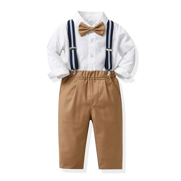 kid's clothing Lapel pure white long-sleeved cotton shirt autumn children's clip overalls two-piece fashion children's suit_viptrois.com