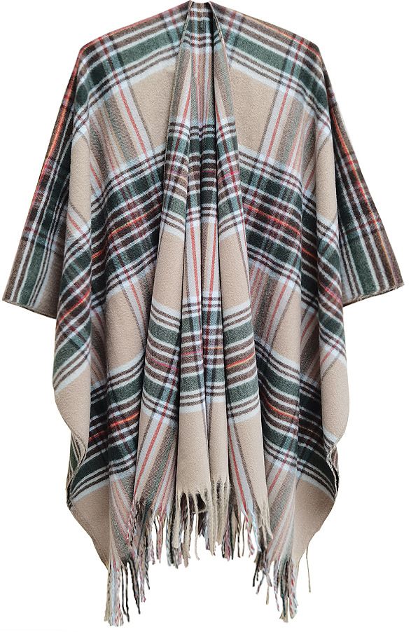 Unisex Autumn/Winter women's split cape thickened plaid bristle fringe cape_viptrois.com