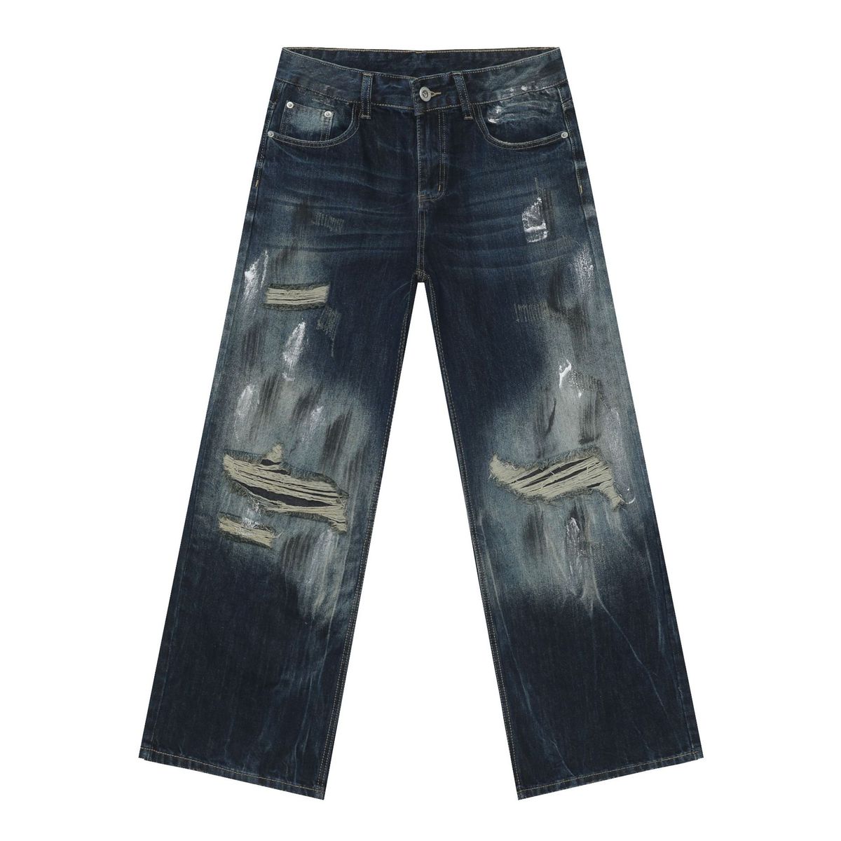 Men's Clothing Retro Distressed Denim Suit Jacket Washed Loose Straight Trousers_viptrois.com