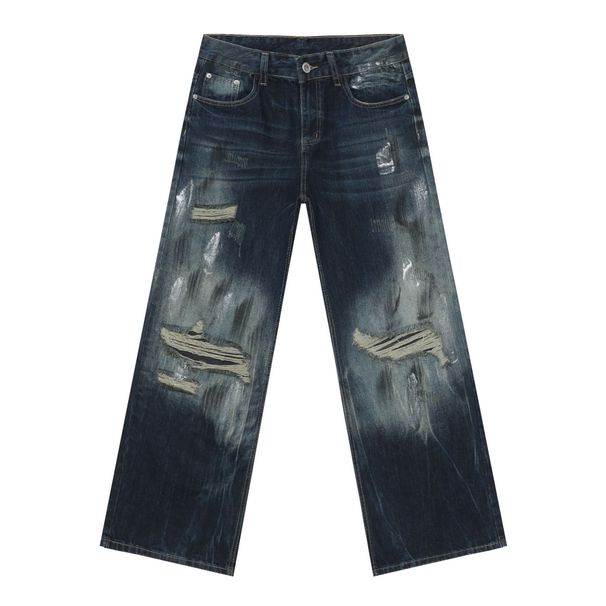 Men's Clothing Retro Distressed Denim Suit Jacket Washed Loose Straight Trousers_viptrois.com