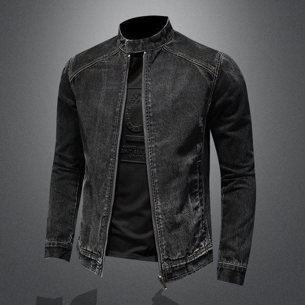 Men's Clothes Spring And Autumn Stand-up Collar Zipper Denim Jacket For Men Plus Size Trend Biker Jacket_viptrois.com