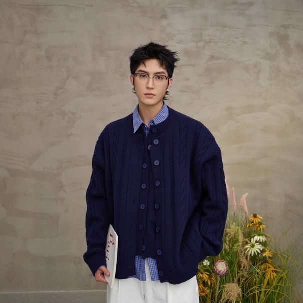 New American Old Money Style Braided Solid Color Two-Piece Autumn Winter Thickened Cardigan Men's Loose Knitted_viptrois.com