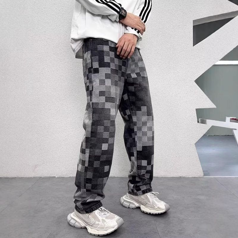 Men's Clothing Mosaic Print Design Jeans Retro Washed Loose Casual Straight Floor Length Wide Leg Trousers_viptrois.com