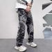 Men's Clothing Mosaic Print Design Jeans Retro Washed Loose Casual Straight Floor Length Wide Leg Trousers_viptrois.com