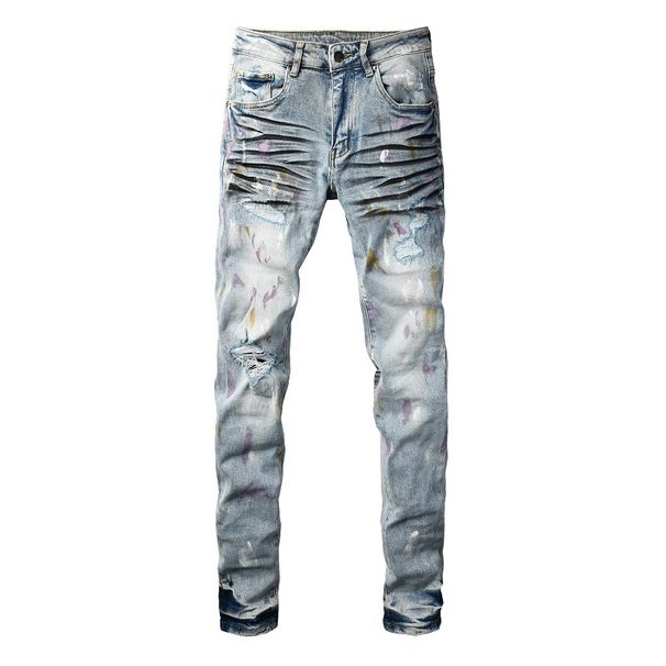 Men's Clothing Men's Distressed Jeans With Graffiti & Cat Whisker Details - Slim Fit Ripped Denim Pants For Streetwear Fashion (Light Blue)_viptrois.com