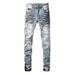 Men's Clothing Men's Distressed Jeans With Graffiti & Cat Whisker Details - Slim Fit Ripped Denim Pants For Streetwear Fashion (Light Blue)_viptrois.com
