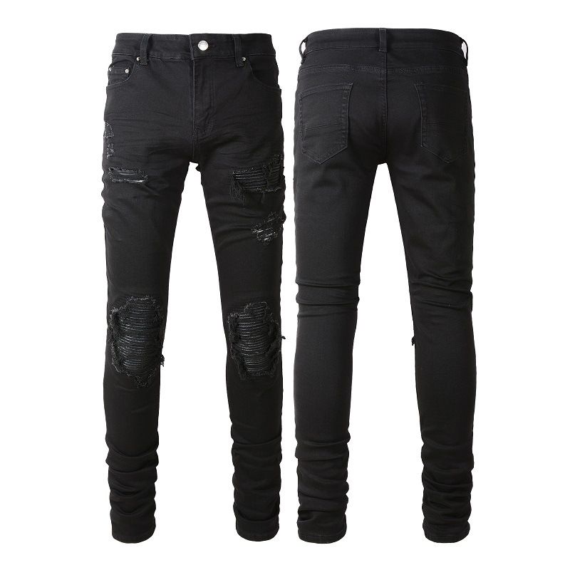 Men's clothing pleated cat whisker patch jeans ripped jeans simple slim fit skinny pants_viptrois.com