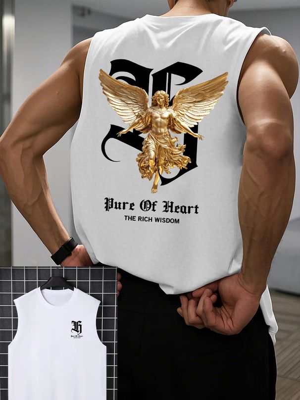 100% Cotton Men's Summer Casual Sports Fitness Loose Angel Pattern Letter Print Breathable Round Neck Sleeveless Vest_viptrois.com