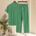 Men's Casual Short Sleeve Shirt Set, Striped Button-Down Shirt With Collar, Trendy Green Outfit For Street Style_viptrois.com