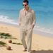 Men's New Linen Plain-color Collar Button-down Casual Long-sleeved Long Pants Men's Suit_viptrois.com