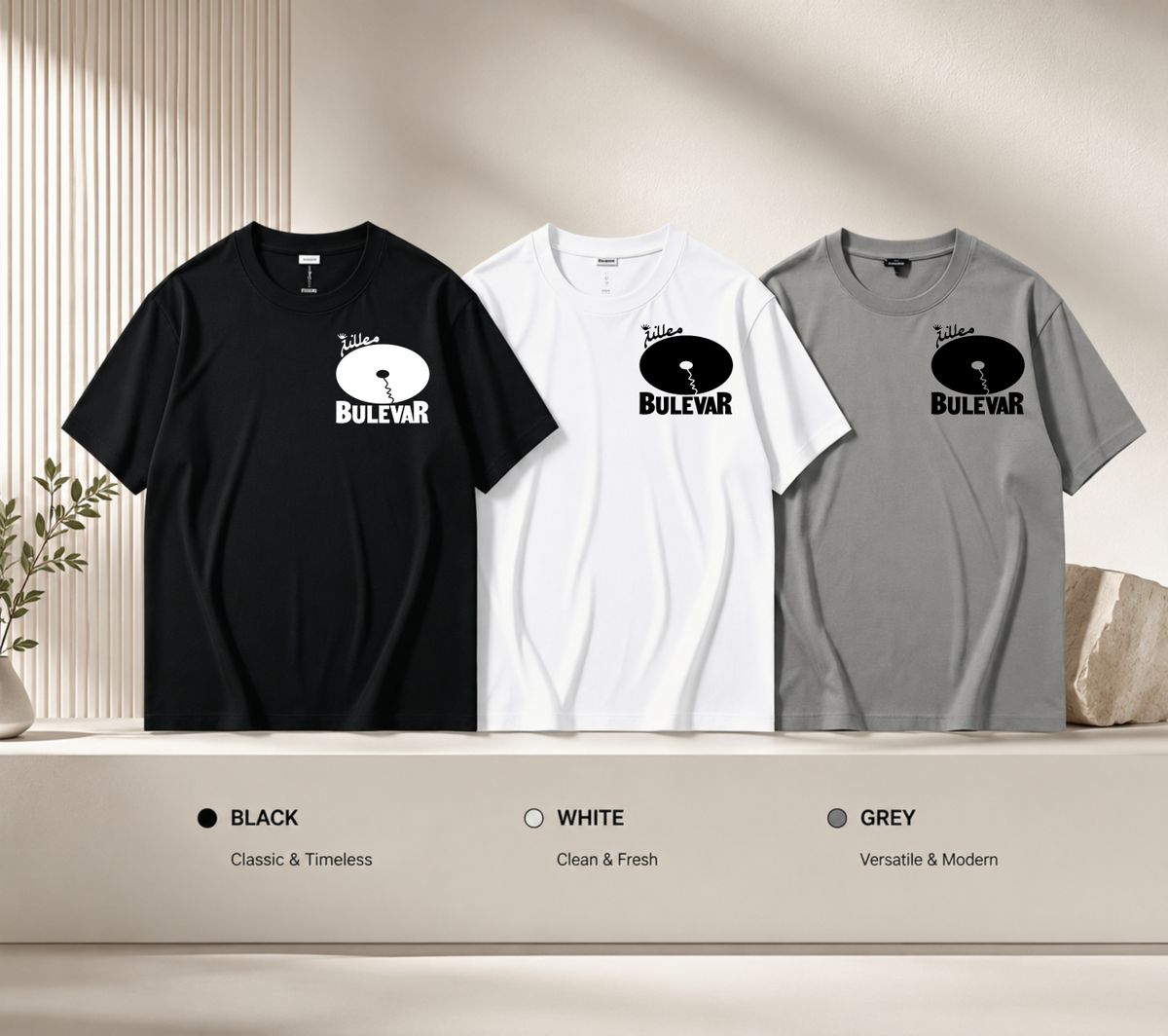 3 Pack Premium Men's Retro Vinyl Record BULEVAR Cursive Letter Print T-Shirt, Heavy Cotton Crew Neck Casual Tee, Luxury Summer Basic Black White Grey_viptrois.com