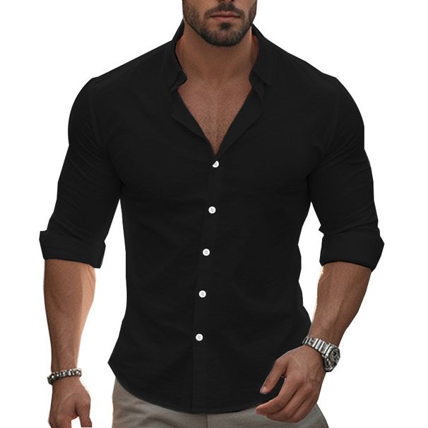 Men's Clothing New Casual Solid Color Long Sleeved Shirt Cotton Lapel Button Down Long Sleeved Beach Shirt Tops Men_viptrois.com