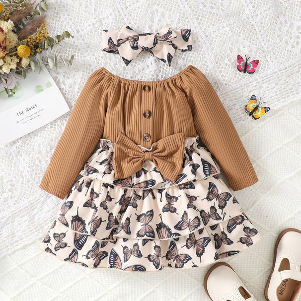 Mother & Kids Children's Pit Striped Tops Butterfly Print Dresses_viptrois.com