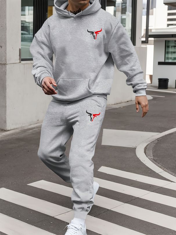 Men's Autumn And Winter Casual Fashion Cow Head Pattern Print Loose Suede Thick Hooded Sweatshirt+sports Pants Set_viptrois.com