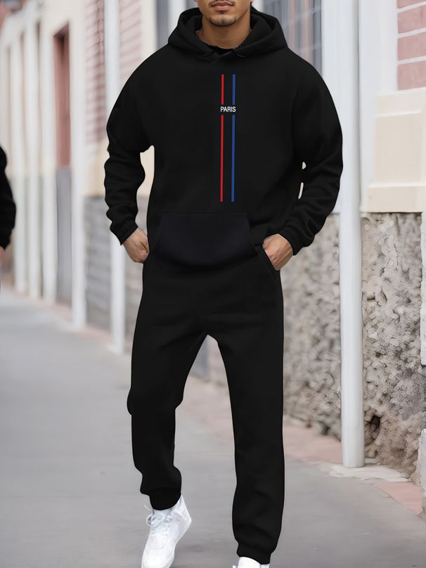 Men's Autumn/Winter Casual Fashion Paris Pattern Printed Loose Suede Thick Hoodie+Sports Pants Set_viptrois.com