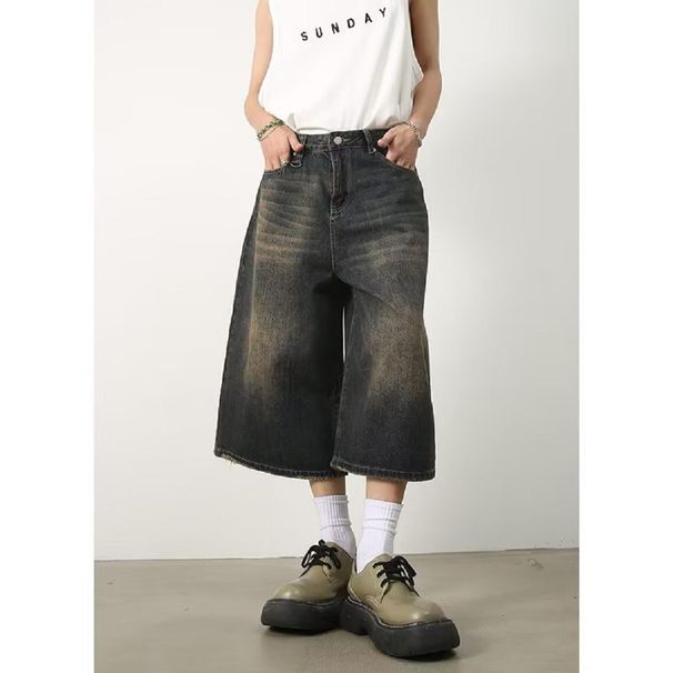 Men's Clothing Retro Dark Blue Denim Shorts Men's Niche Versatile Trendy Brand Loose Straight Wide Leg Cropped Pants Drape_viptrois.com