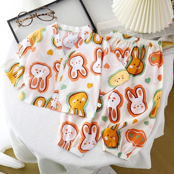 Children's Cotton And Silk Home Wear Sets, Summer Boys And Girls Pajamas, Two Piece Rayon Sets, Cotton And Silk Air Conditioned Clothing For Children_viptrois.com