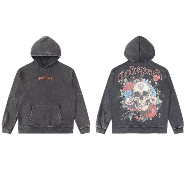 High Version GODSPEED American Style Trendy Terry Hoodie Skull Rose Print Unisex Casual Sweatshirt_viptrois.com