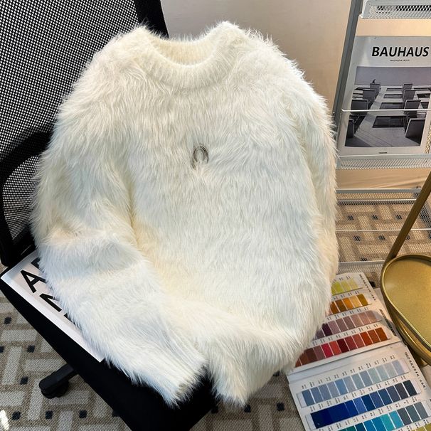 Retro Shoulder Pad Round Neck Sweater For Men, Loose And Casual, Furry And Lazy Style, Pullover Knit Top_viptrois.com