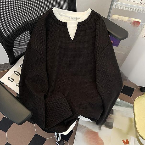 Men's Clothing Long Sleeved T Shirt Waffle Knit Long Sleeve T-Shirt, Casual Oversized V-Neck Pullover, Retro Loose Fit Top For Spring & Autumn_viptrois.com