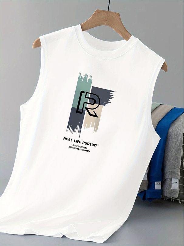 100% Pure Cotton Men's Summer Casual Sports Fitness Loose Letter Pattern Printed Breathable Round Neck Sleeveless Vest_viptrois.com