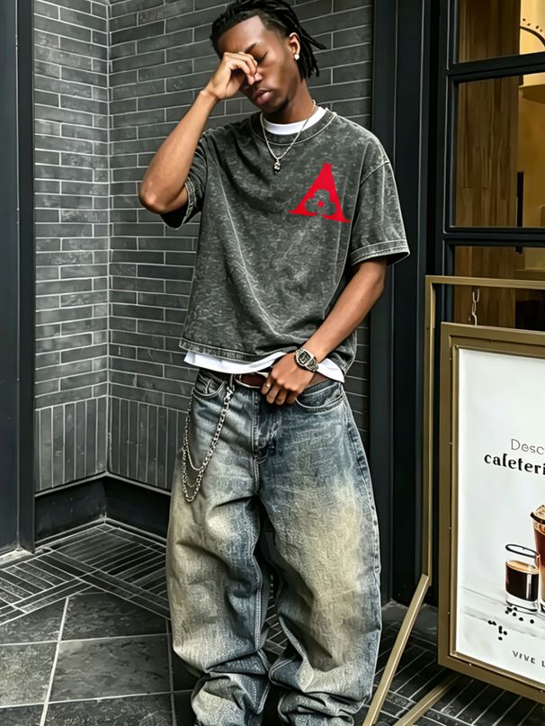 230g Vintage Washed Men Casual Tee Red Ace A Inside Club Symbol Logo Print Short Sleeve Loose Daily Street T-Shirt_viptrois.com