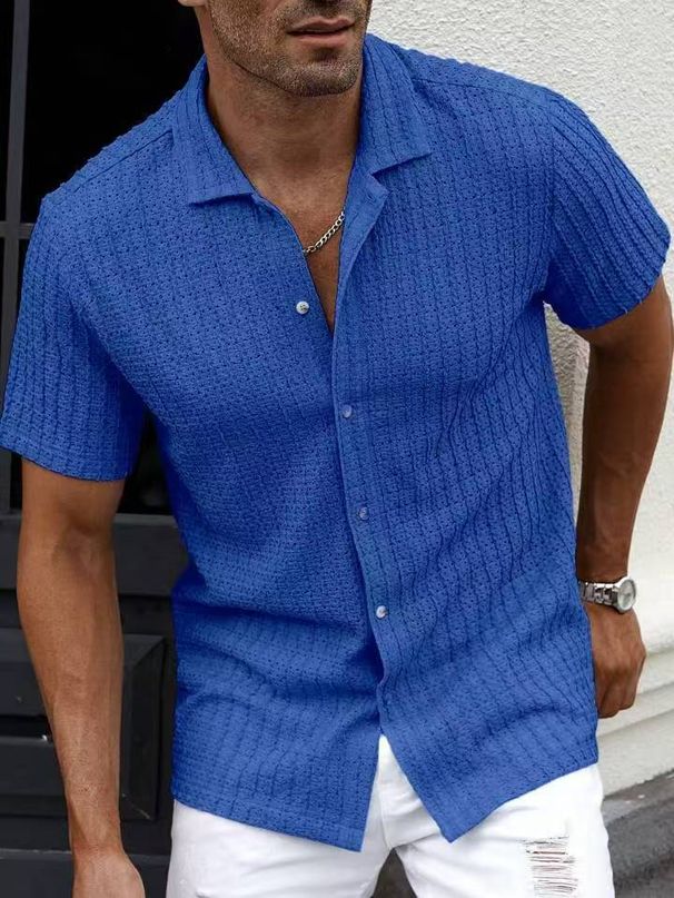 Men's Clothing Casual Knitted Shirt Solid Color Lapel Hollow Breathable Short Sleeved Top_viptrois.com