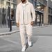 "Men's Waffle-Knit Zip-Up Jacket Set - Slim Fit Polyester Track Suit With Stand Collar & Side Pockets (White/Black/Grey/Burgundy/Khaki/Dark Green_viptrois.com