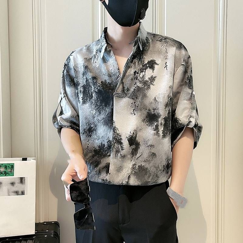 New Chinese-style Men's Short-sleeved Casual And Cool Ink-wash Tie-dyed Shirt, 2025 New Men's Summer Top_viptrois.com